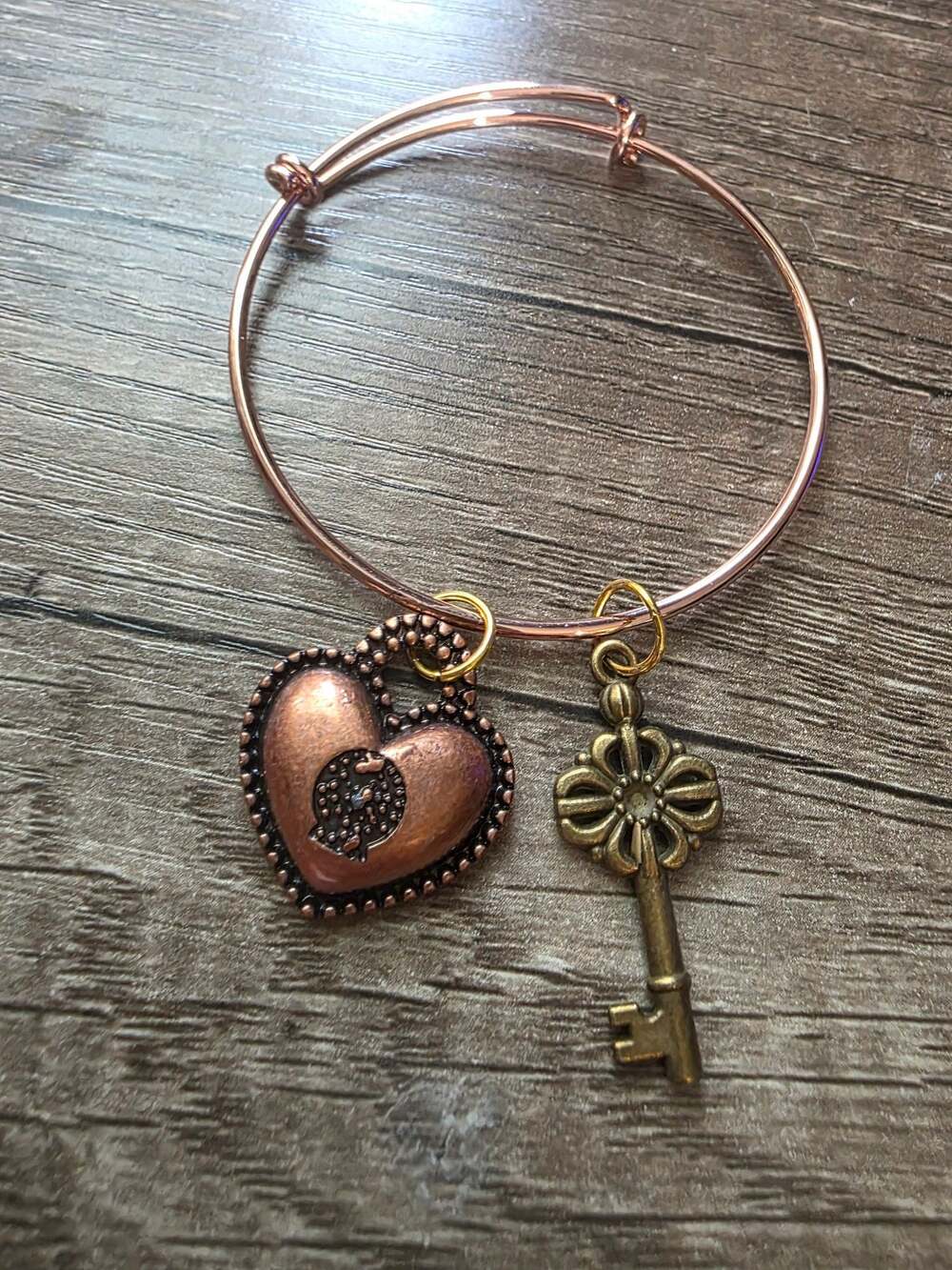 Whirlwind Romance Copper Heart and Key Charm Bangle Bracelet